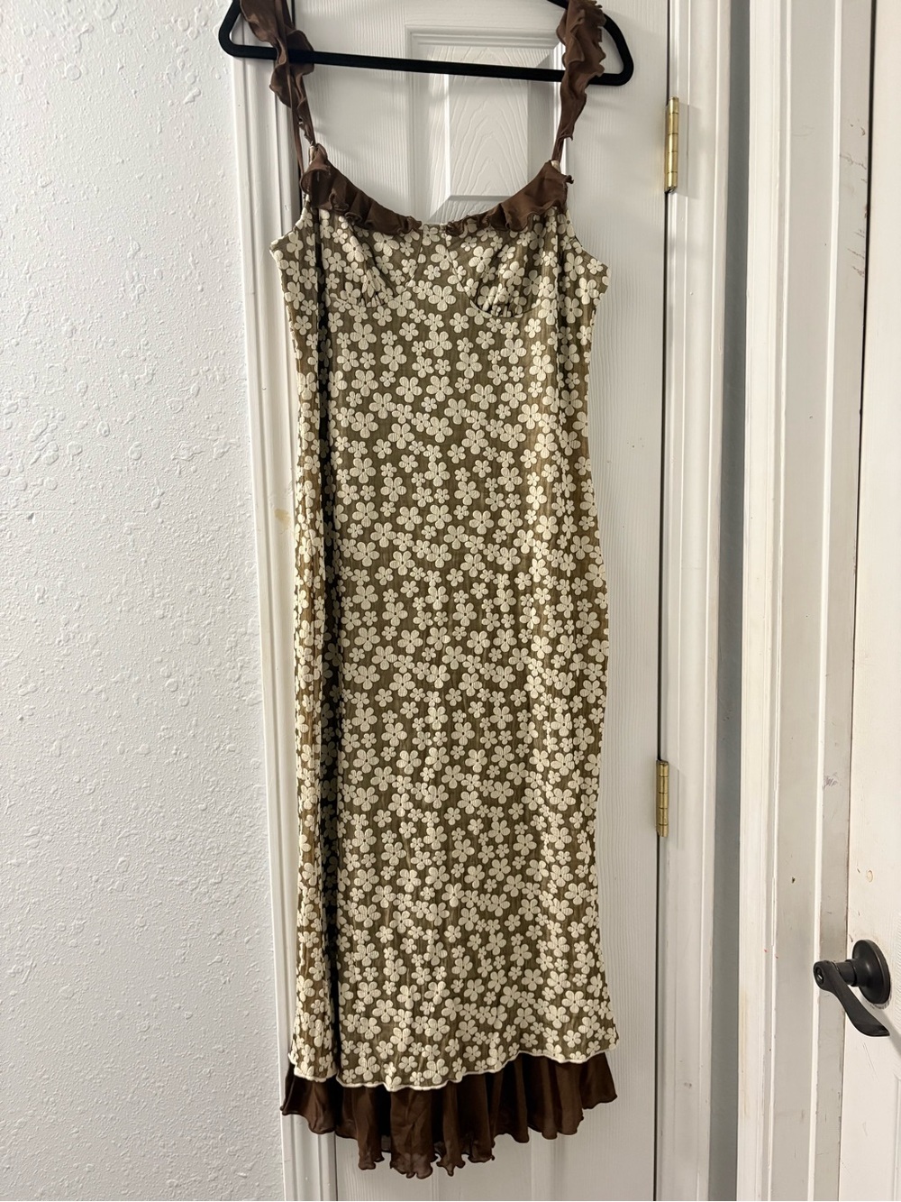 Commense Olive Floral Slip Midi Dress with Brown Ruffle Trim